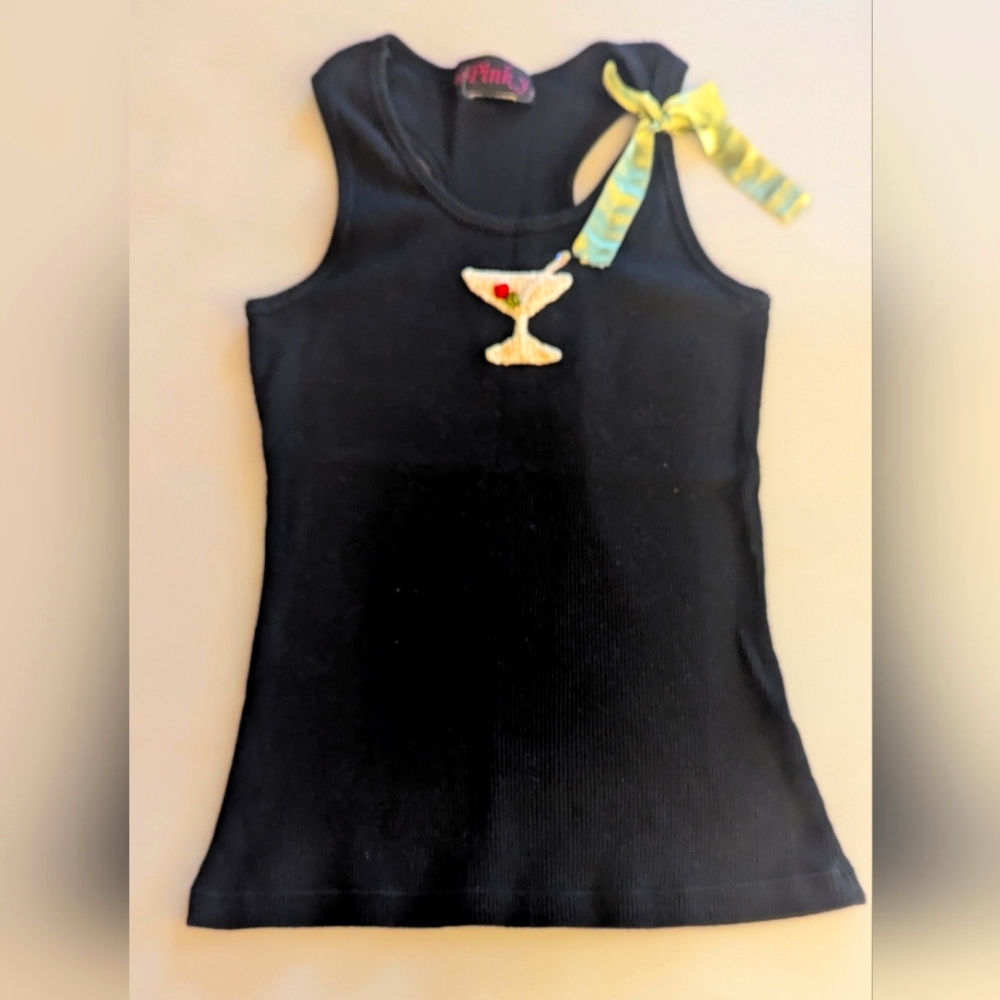 Vintage Pinky Black Ribbed Embroidered Martini Glass Racerback Tank Top With Bow